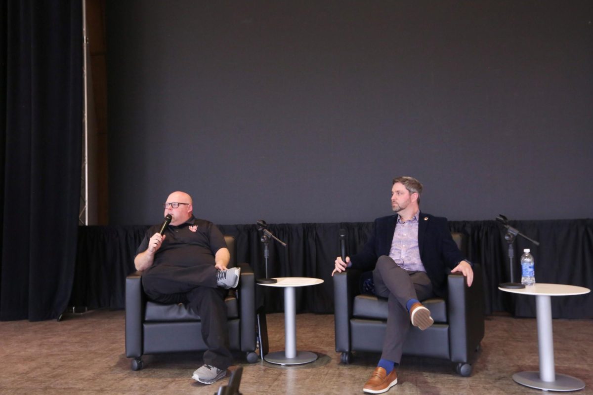 Andrew King and Collin Simmons discuss parking, tickets and permits at the U during an ASUU forum on Monday, March 23, 2026. (Photo by Luca DiGregorio | The Daily Utah Chronicle)