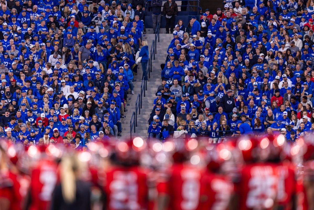Crowd of fans in the stands at Utah football's game against BYU at LaVell Edwards Stadium in Provo, UT on Oct. 18, 2025. (Photo by Mary Allen | The Daily Utah Chronicle)